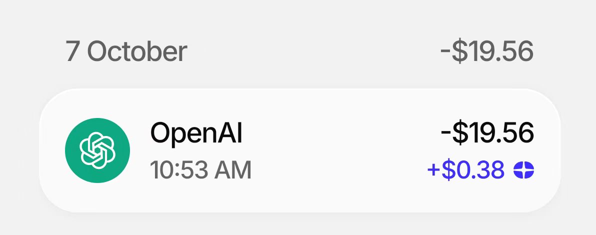 Plasma 交易记录中，10 月 7 日 OpenAI 扣款 19.56 美元，另列 0.38 美元奖励